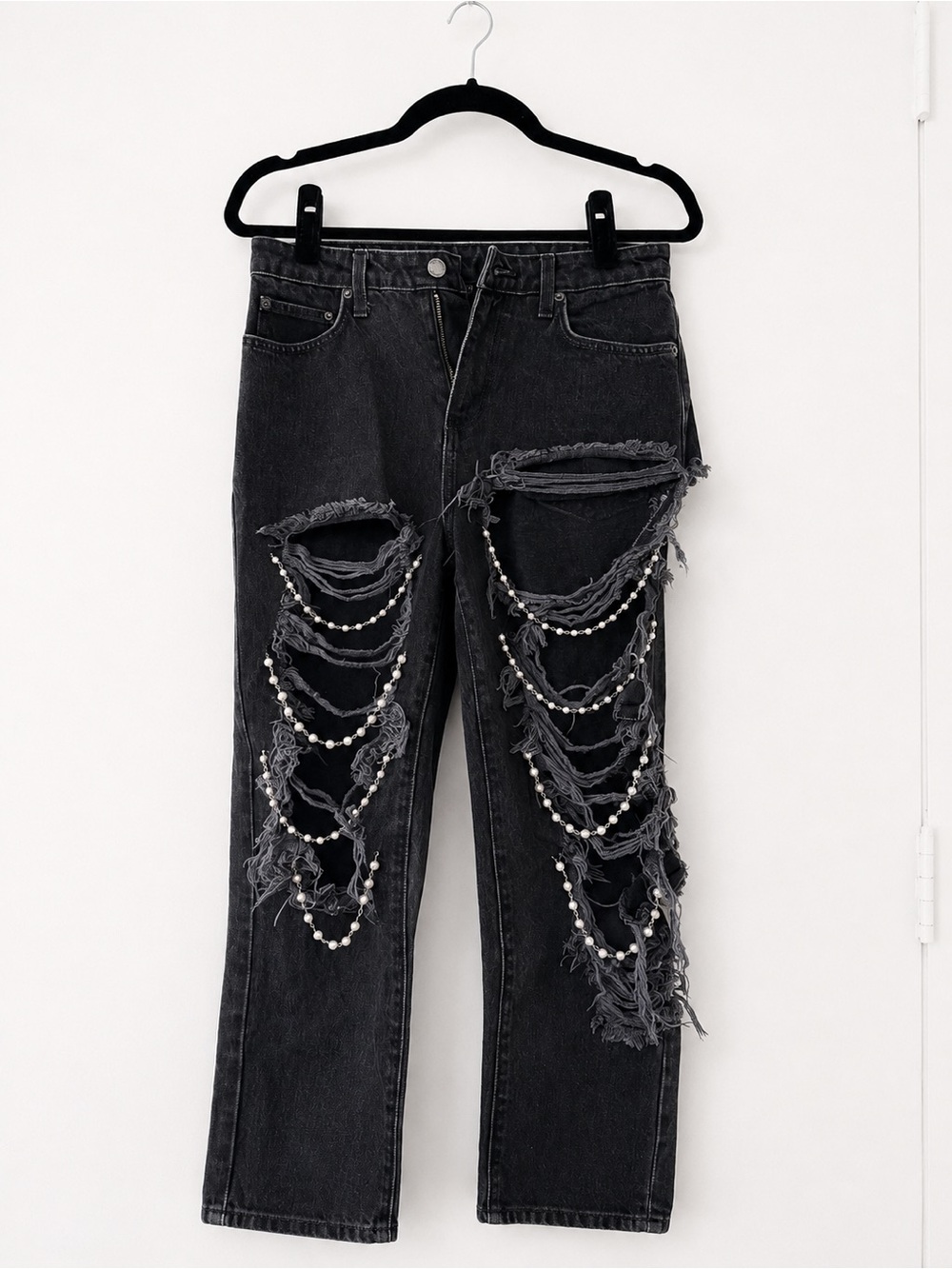 Carmar Black Distressed Straight-Leg Jeans with Pearl Chains